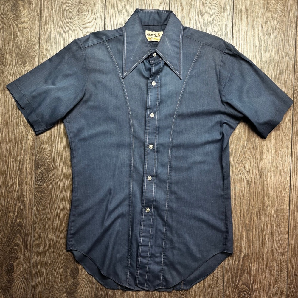 Vintage Mach II by Arrow Blue Dagger Collar Disco Shirt Short Sleeve 70s Mens